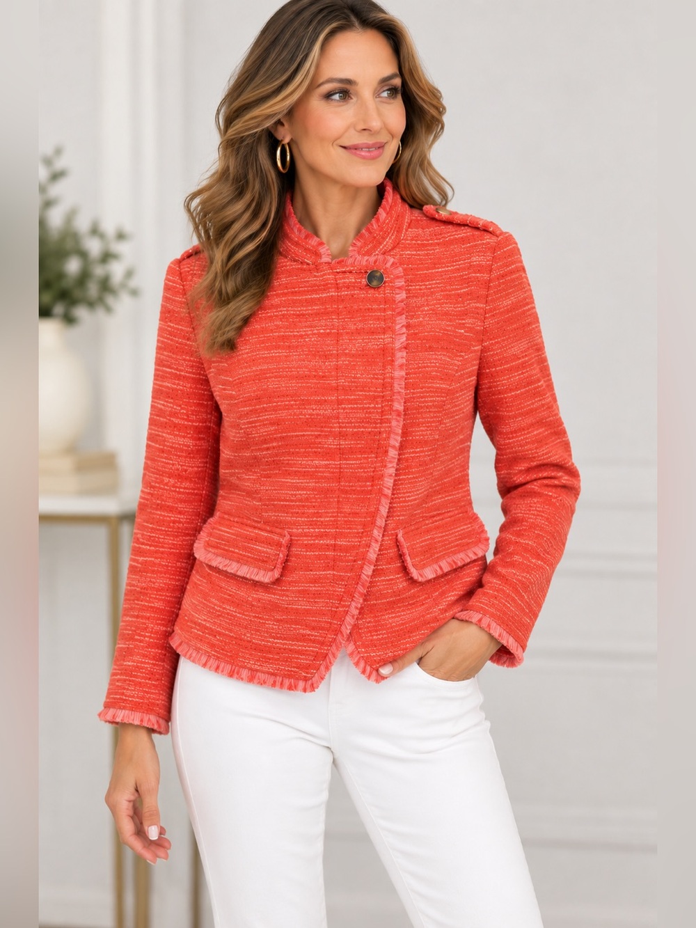 Chico’s Size S Coral Orange Tweed Blazer Fringe Trim Textured Jacket